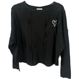 The Greii NWT Black Waffle Knit Long Sleeve Heart‎ Patch Top- Size Large